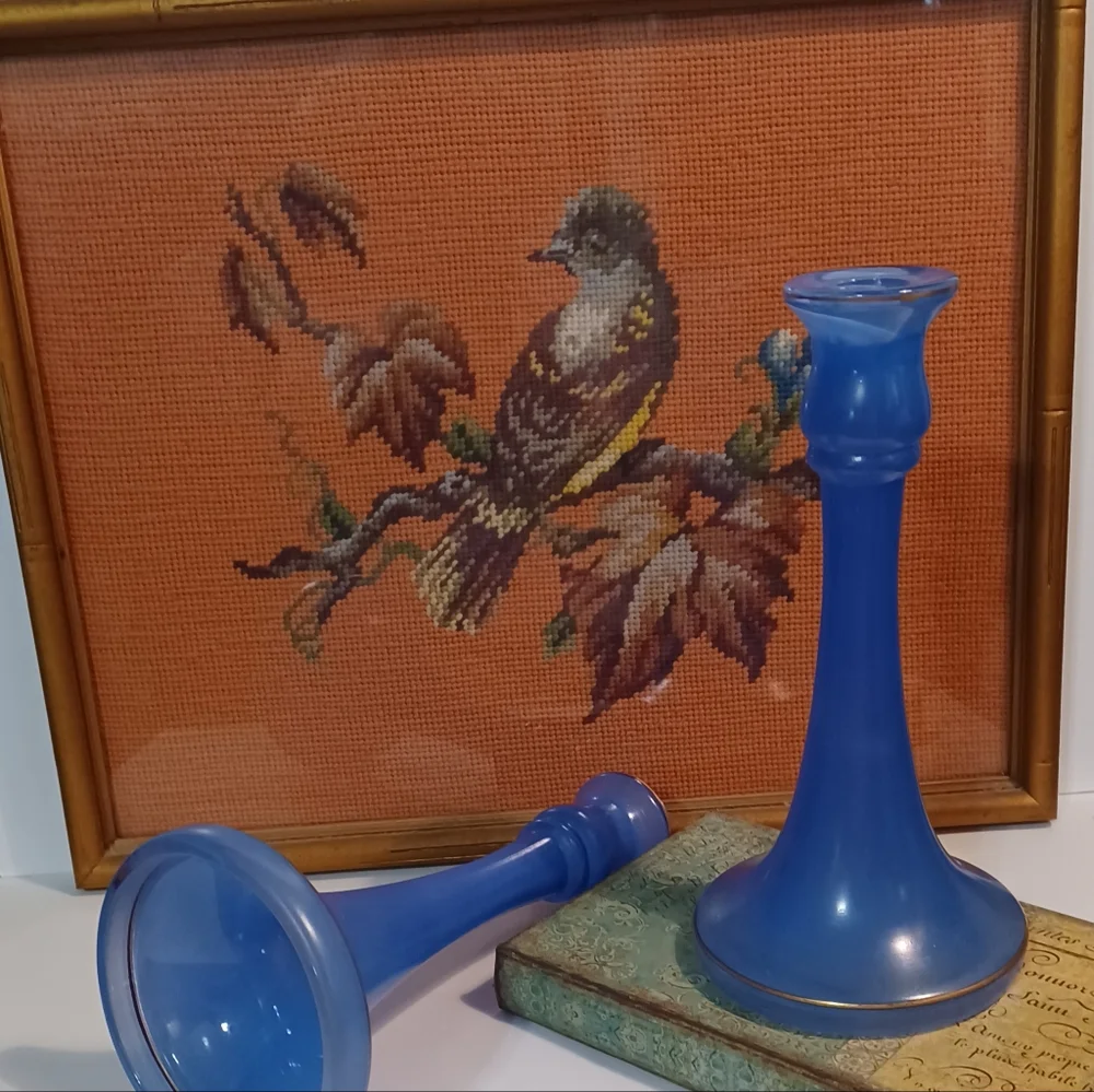 Pair Blue Art Deco Candlestick Holder by Tiffin Glass Circa 20's